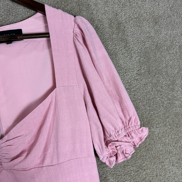 Vici Midi Dress Size Small Pink Puff Sleeve Ruched Sweatheart Neck Linen Blend - Picture 4 of 10
